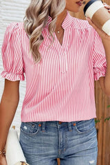 Stripe Notched Neck Frilled Short Puff Sleeve Blouse OutfitFlow