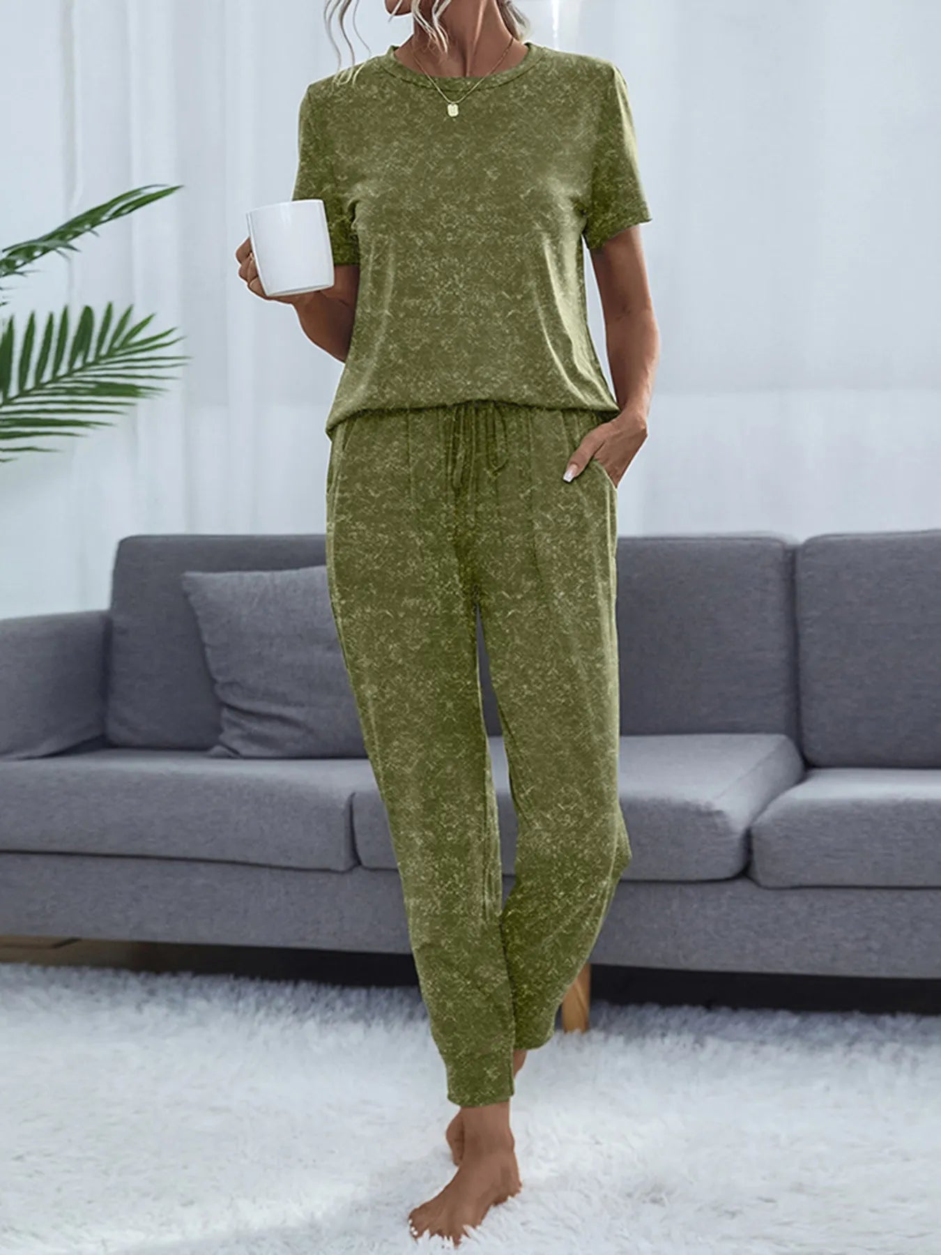 Round Neck Short Sleeve Top and Pants Lounge Set OutfitFlow