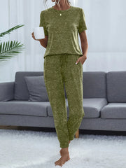 Round Neck Short Sleeve Top and Pants Lounge Set OutfitFlow