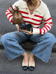 Striped Knit Polo Collar Sweater OutfitFlow
