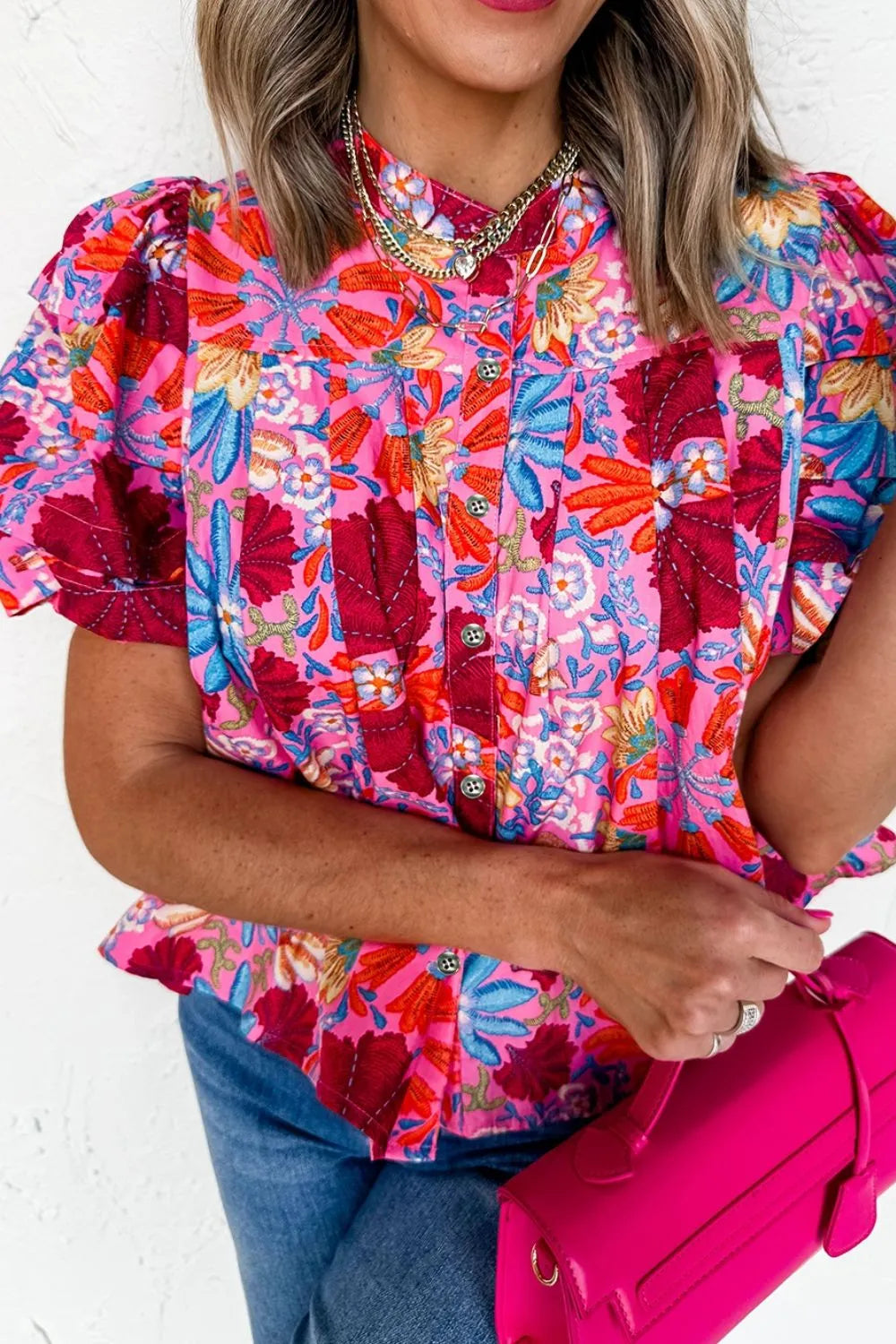 Floral Puff Sleeve Button-Up Top OutfitFlow
