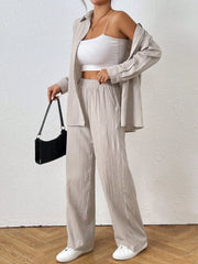 Button Up Long Sleeve Shirt and Pants Set OutfitFlow