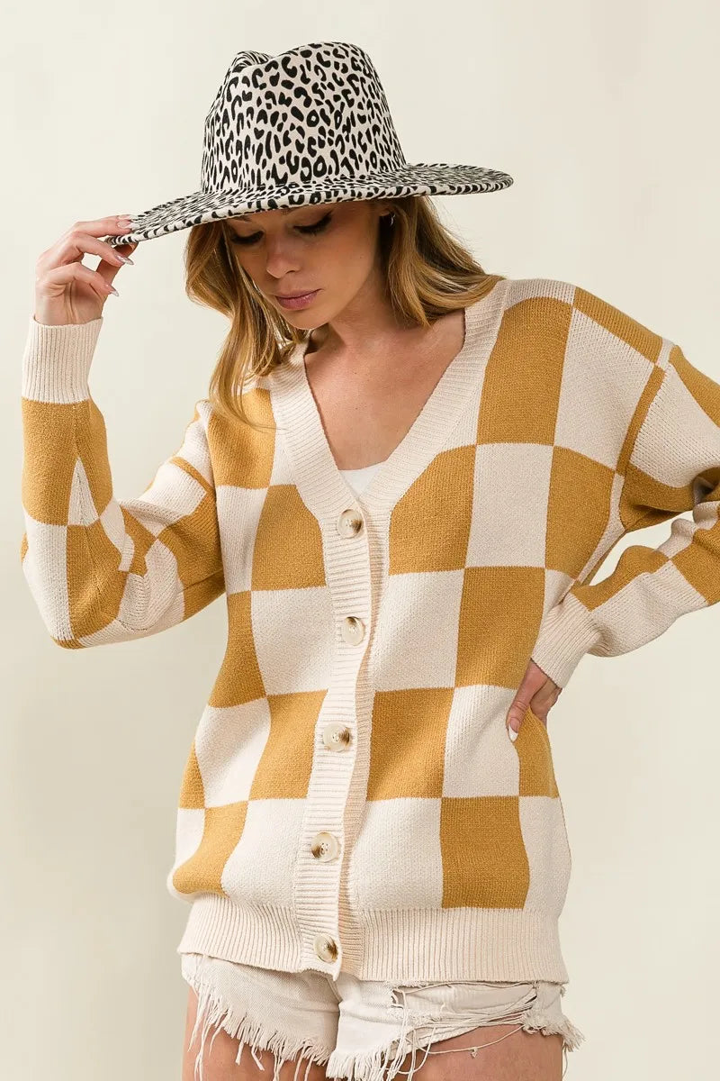 BiBi Checked V-neck Cardigan OutfitFlow