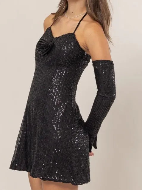 HYFVE Sequin Rosette Halter Mini Dress BLACK OutfitFlow