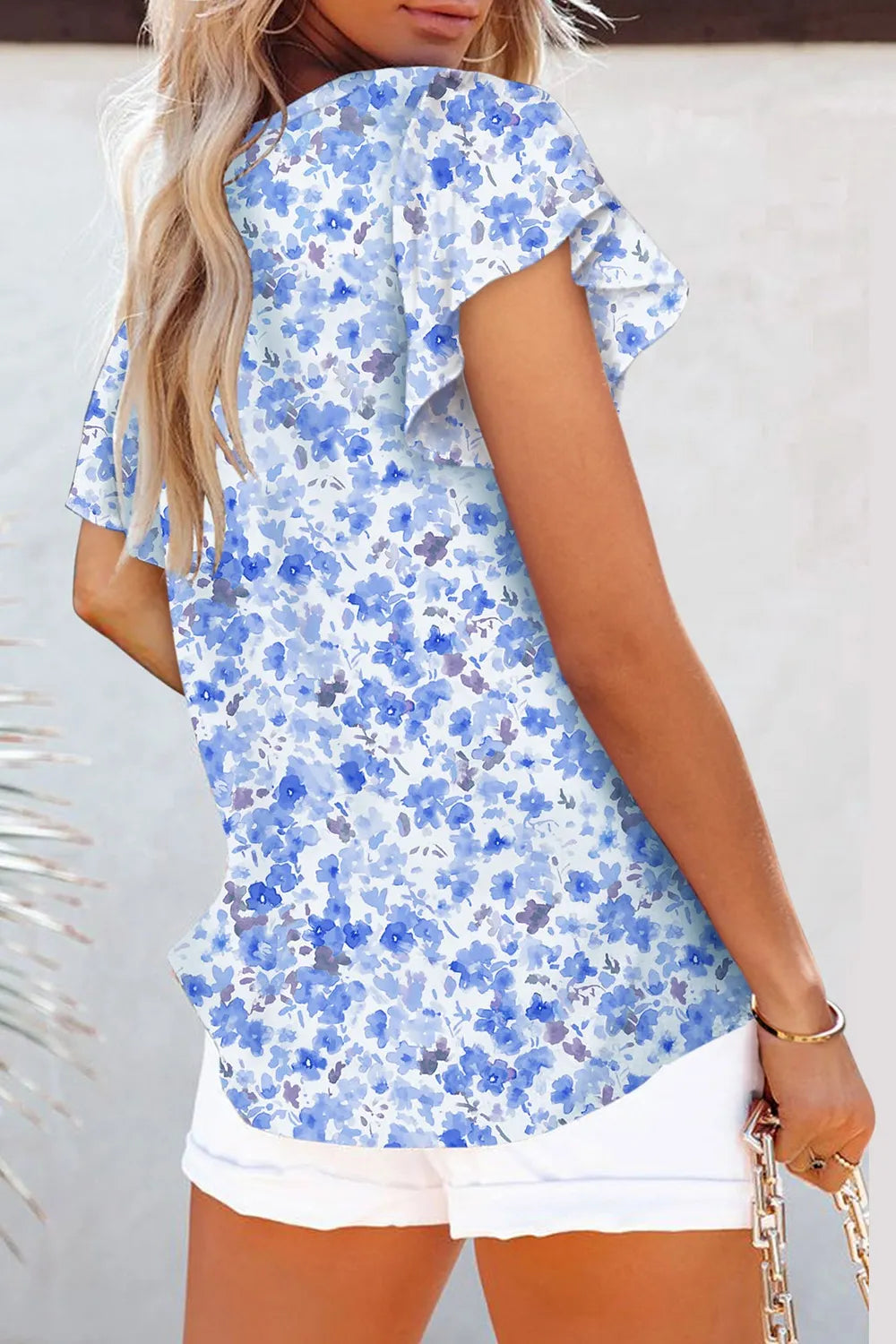 Flutter Sleeve Notched Floral Summer Blouse OutfitFlow