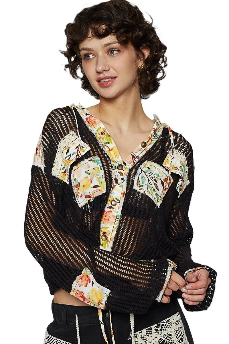 POL Vintage Washed Crochet Hoodie Jacket With Patchwork OutfitFlow