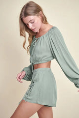 MABLE Gauze Long Sleeve Button Crop Top and Short Set OutfitFlow