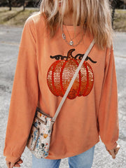 Halloween Sequined Pumpkin Ribbed Round Neck Sweatshirt OutfitFlow