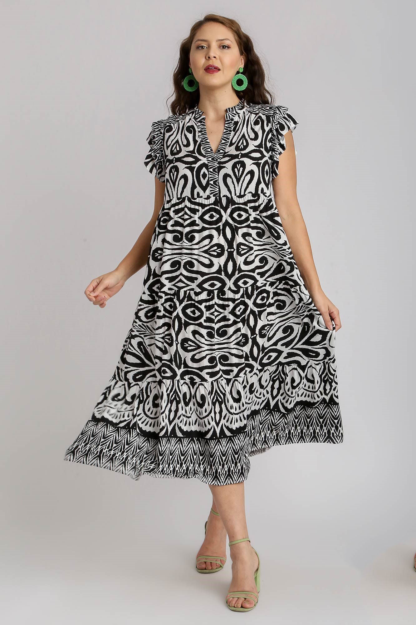 Umgee Full Size Two Tone Border Print Ruffle Cap Sleeve Midi Dress Plus Size OutfitFlow