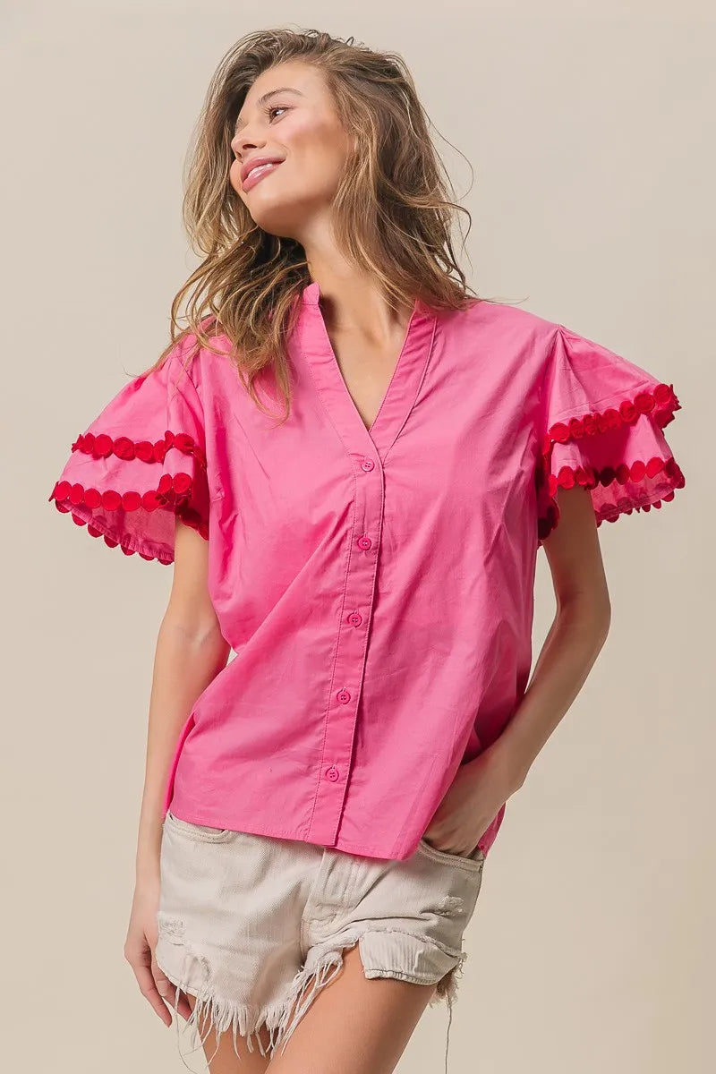 BiBi Dot Trim Flutter Sleeve Notched Top OutfitFlow