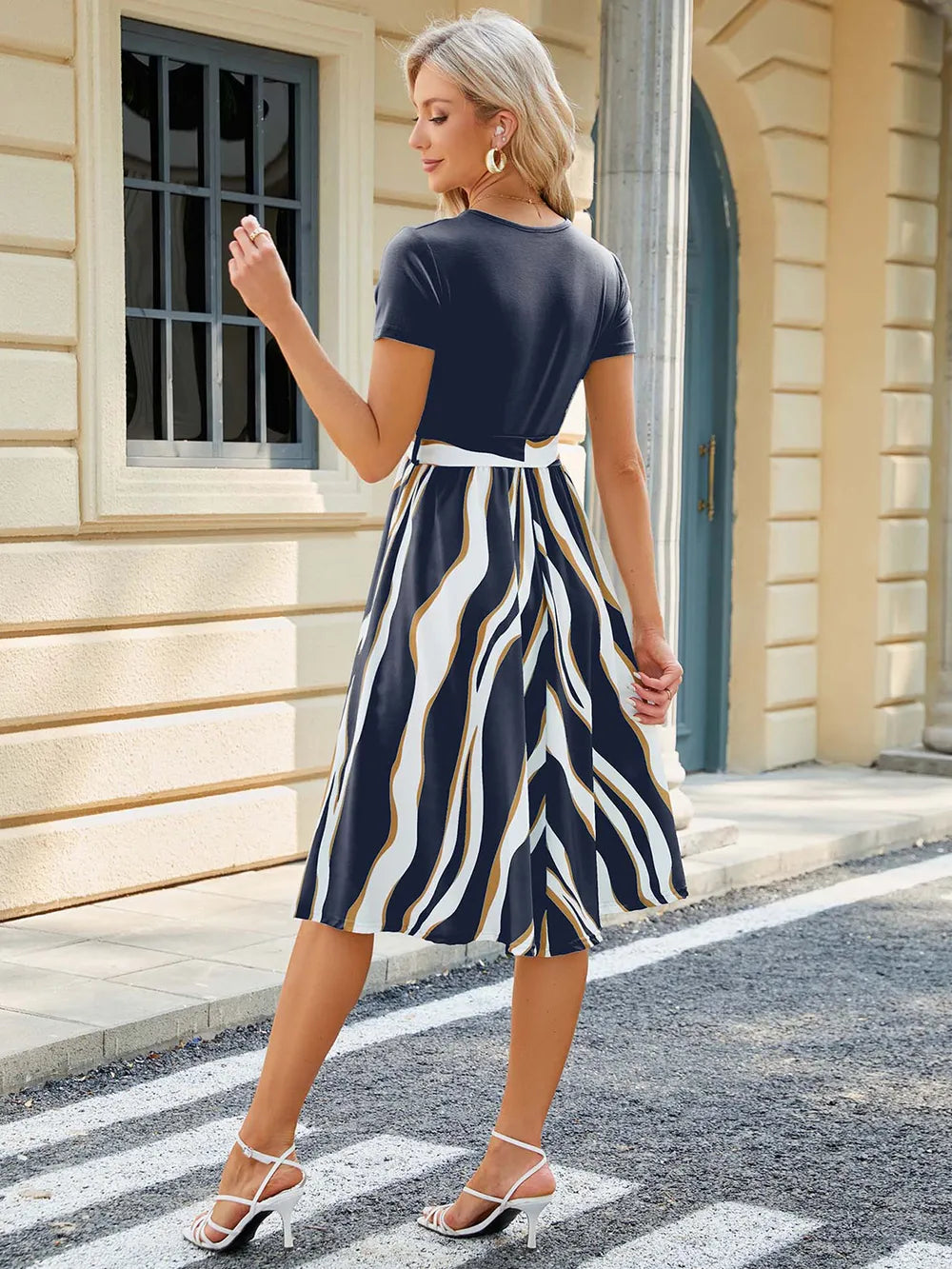 Printed Tie Waist Short Sleeve Dress OutfitFlow