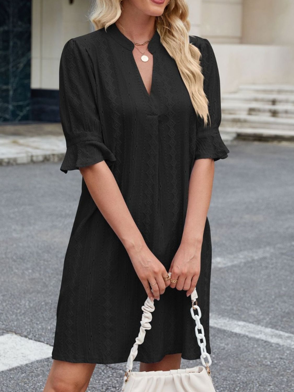 Eyelet Flounce Sleeve Mini Dress OutfitFlow