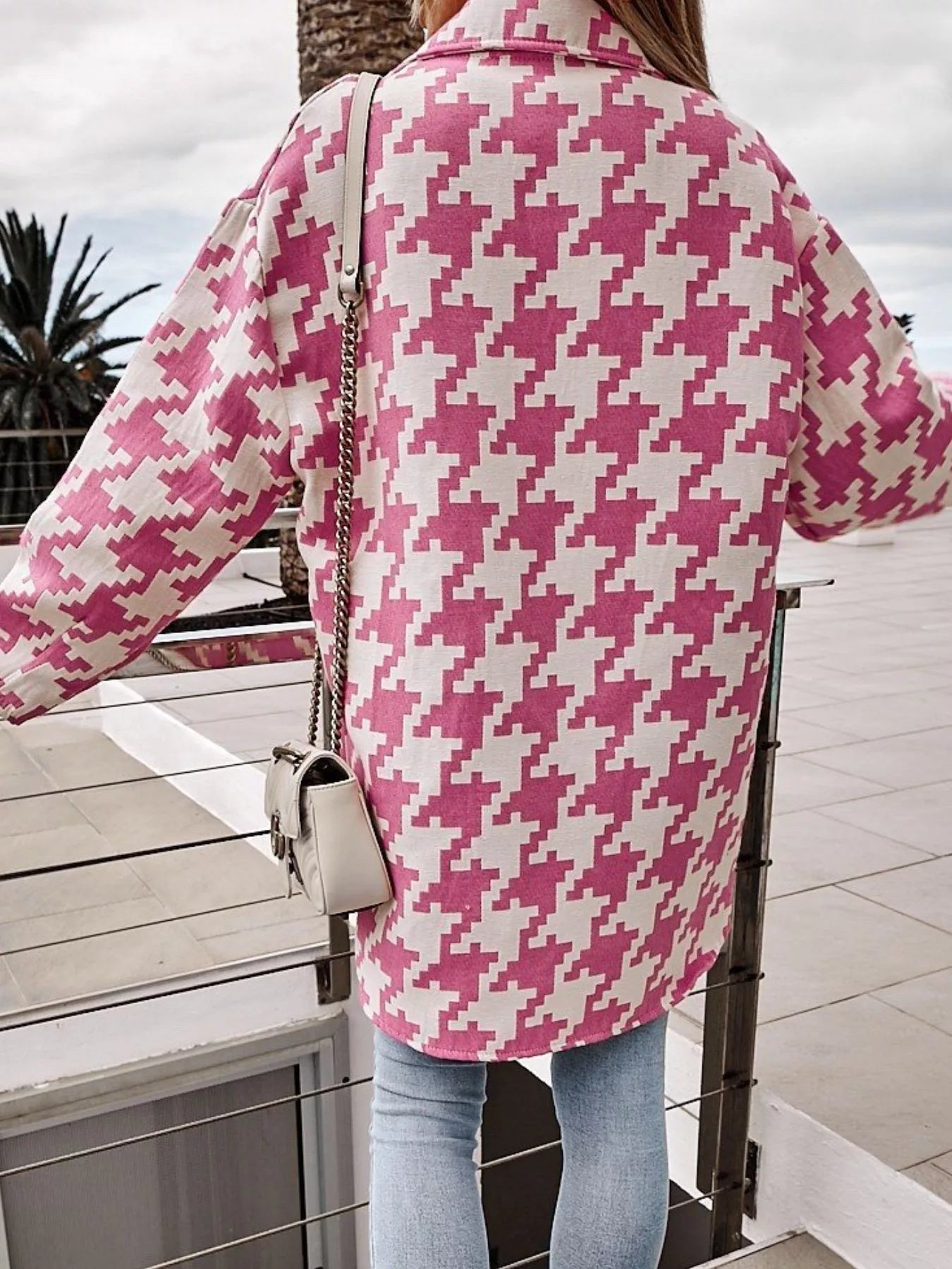 Houndstooth Button Up Long Sleeve Outerwear OutfitFlow