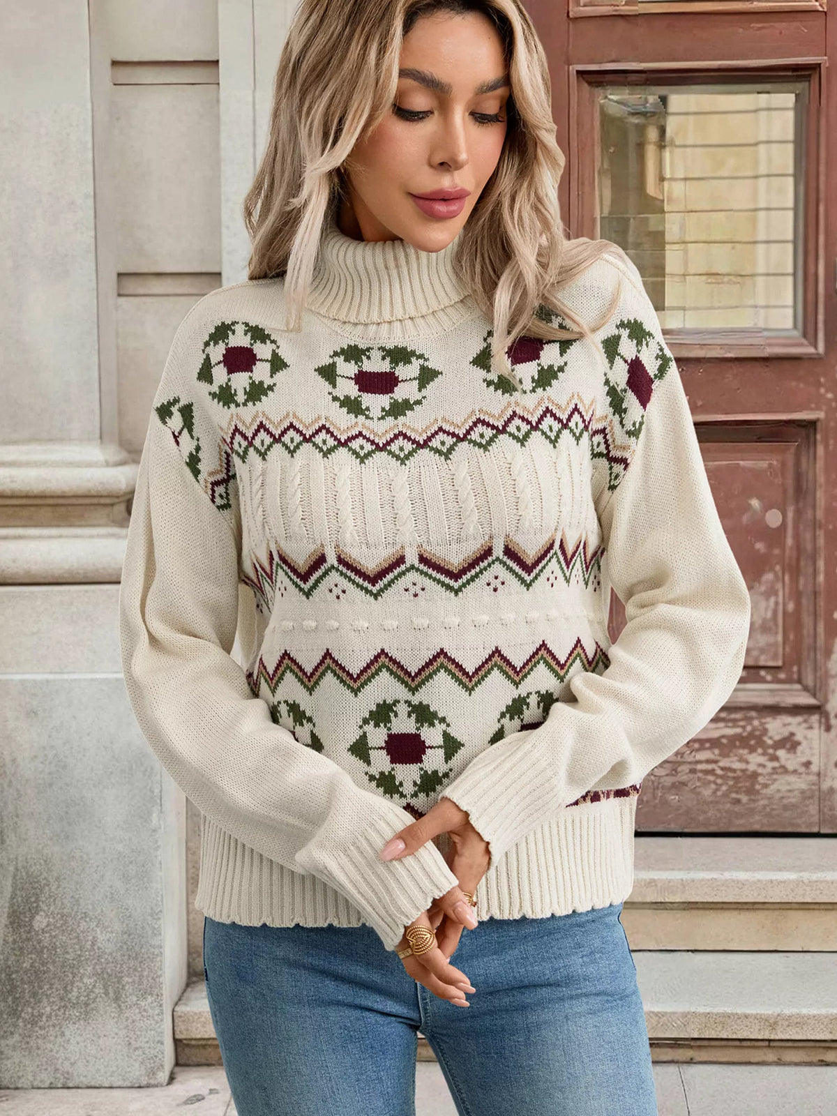 Cable Knit Turtleneck Sweater Ivory OutfitFlow