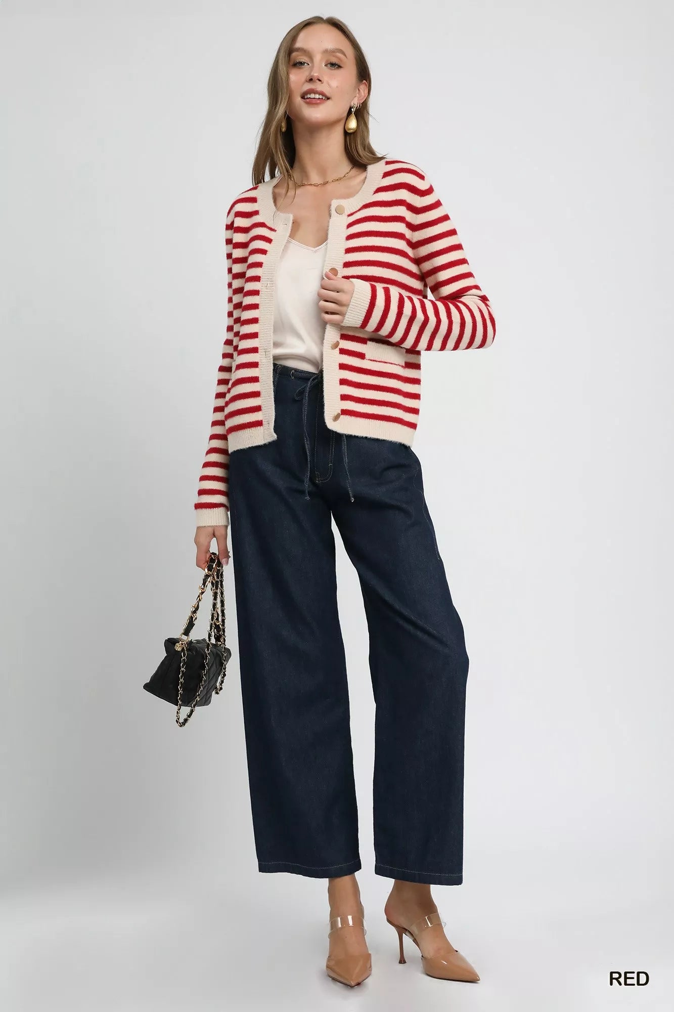 Umgee Striped Knit Button-Up Cardigan OutfitFlow