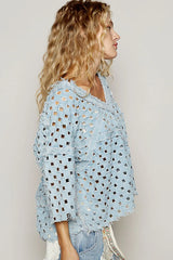 POL V-Neck Short Sleeve Top with Laser Cut Detail OutfitFlow