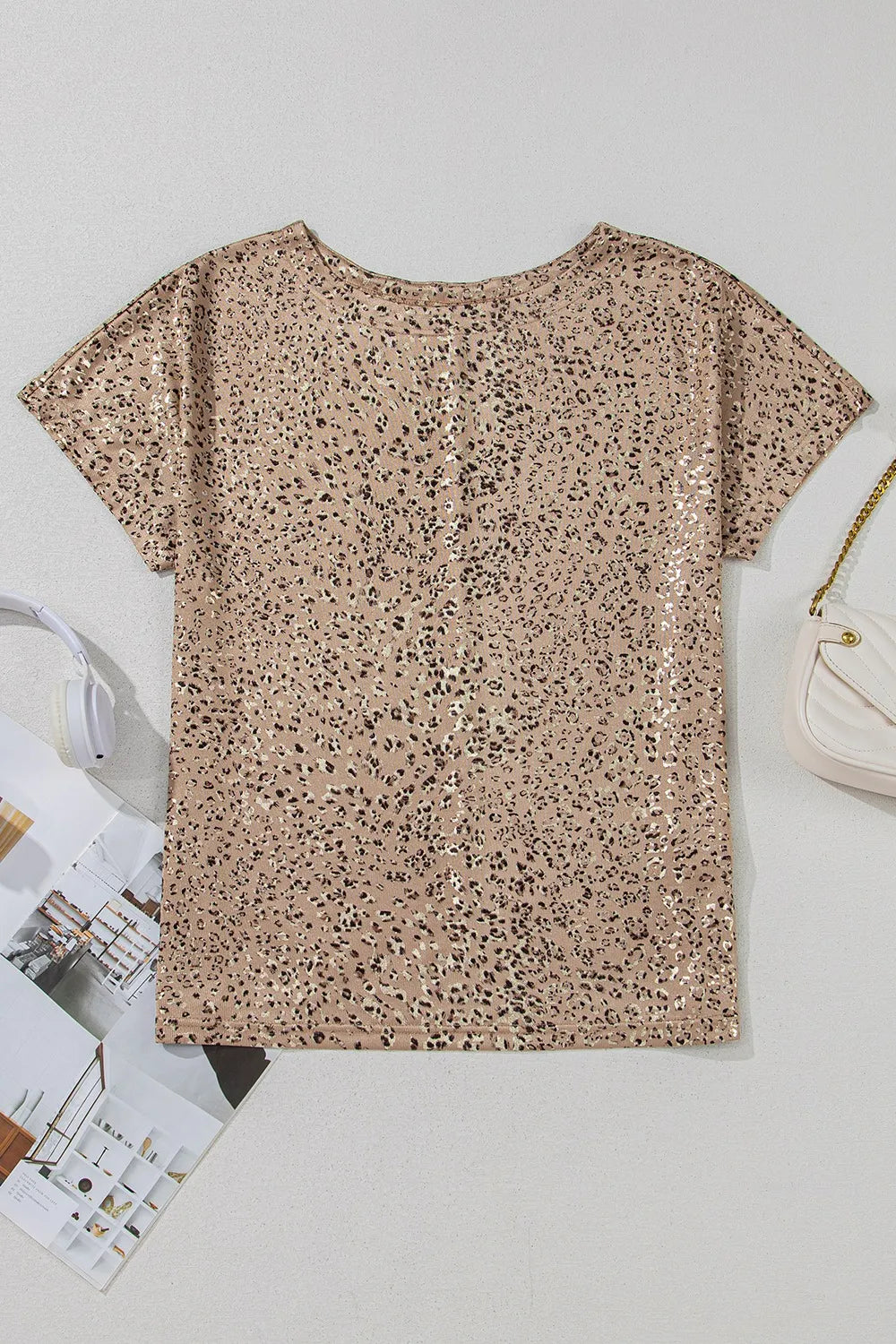 Parchment Shimmer Leopard Print Dolman Sleeve T Shirt OutfitFlow