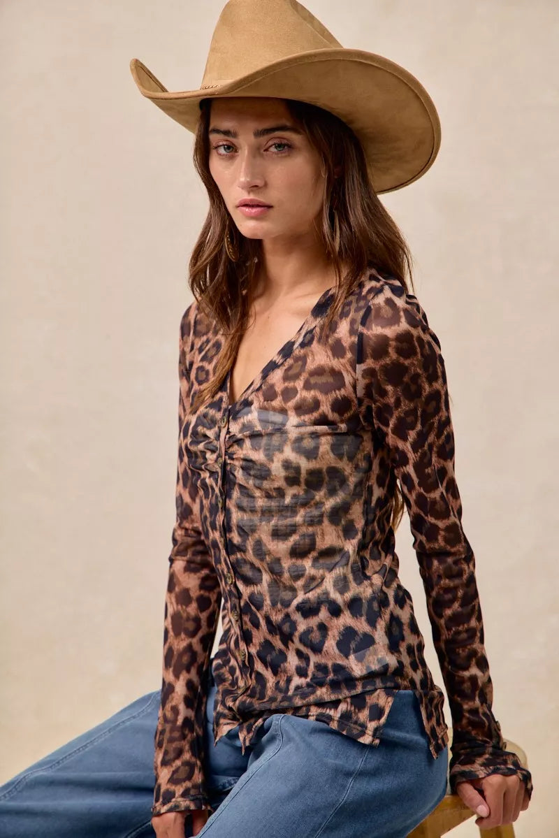 BiBi Leopard Printed Mesh Shirt With Button Up V Neck OutfitFlow