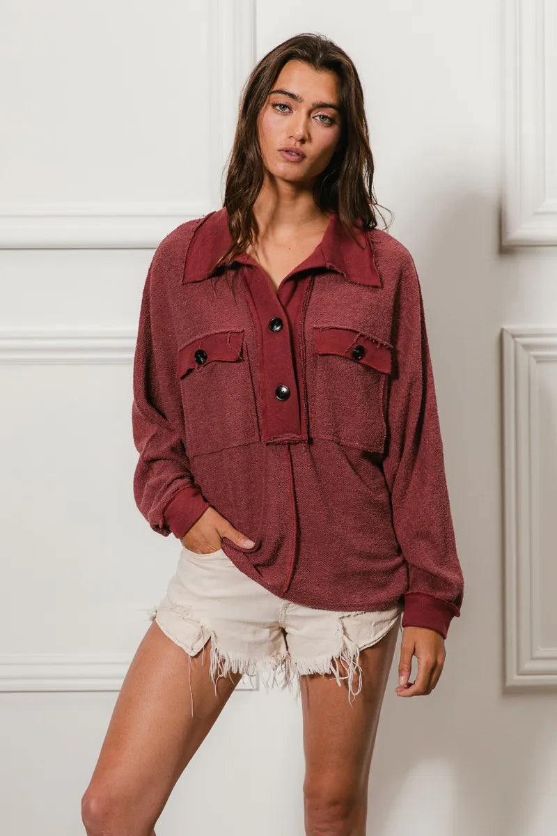 BiBi Cp French Terry Cut Edge Detail Collared Top OutfitFlow
