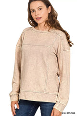 Zenana Acid Wash French Terry Exposed-Seam Pullover OutfitFlow
