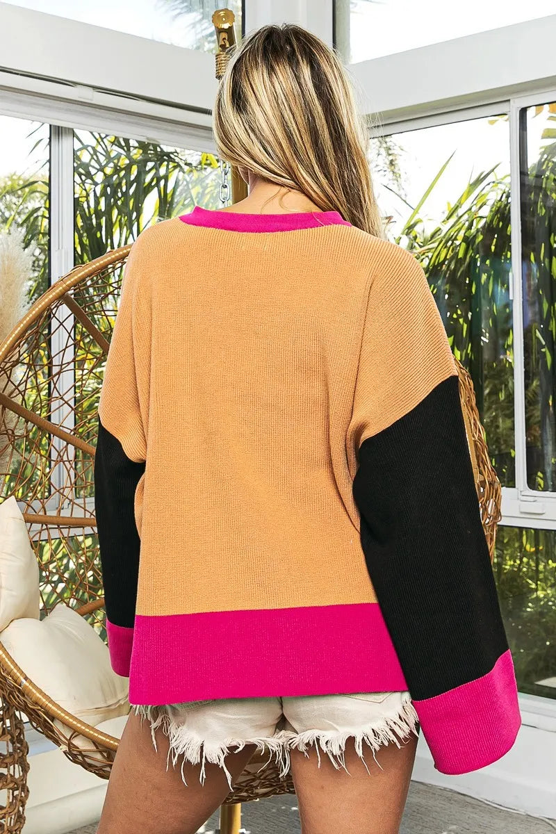 BiBi Bell Sleeve Rib Knit Sweater APRICOT FUCH BLACK OutfitFlow