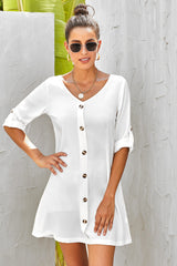 Buttoned V-Neck Dress White OutfitFlow