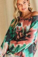 BiBi Tie Dye Print Terry Top with Puff Sleeves OutfitFlow