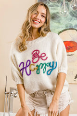 BiBi Metallic Letter Short Puff Sleeve Hairy Sweater OutfitFlow