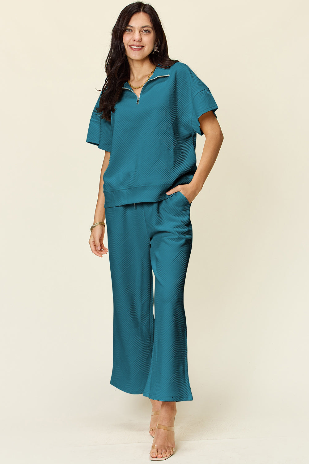 Double Take Full Size Texture Half Zip Short Sleeve Top and Pants Set Teal OutfitFlow
