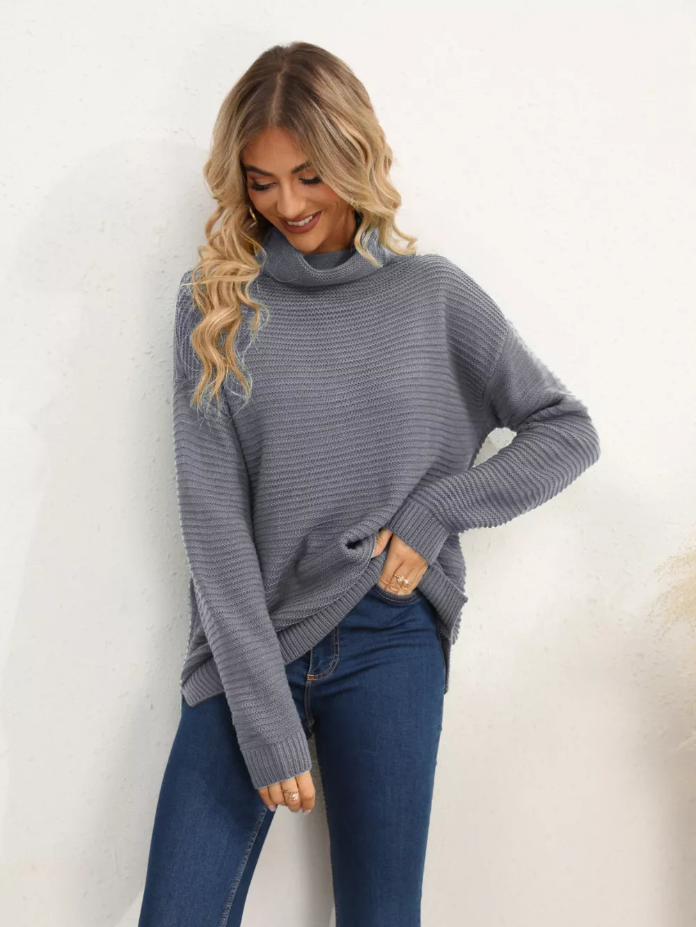 Slit Turtleneck Dropped Shoulder Sweater Trendsi