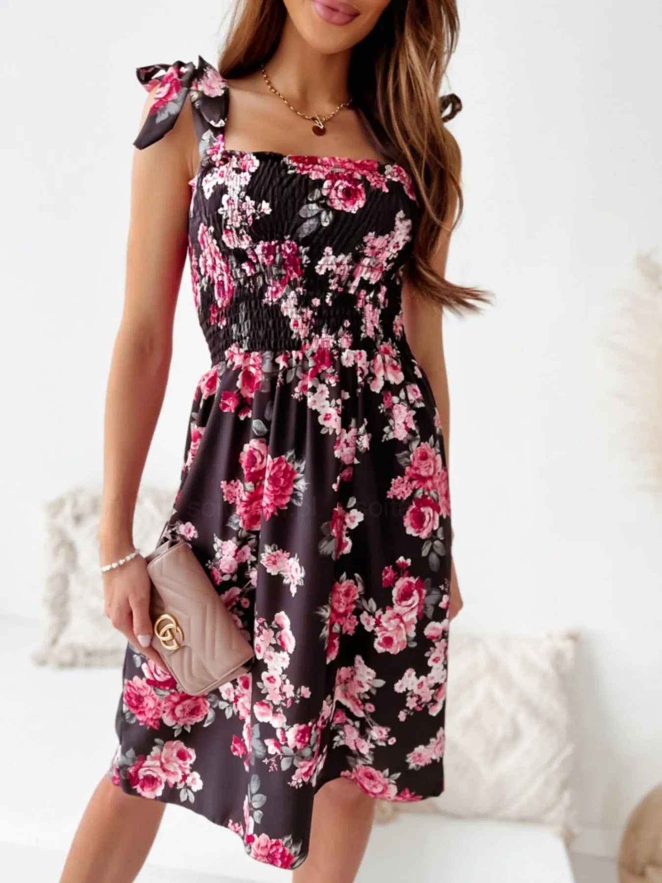 Floral Smocked Bodice Tie Shoulder Summer Dress OutfitFlow