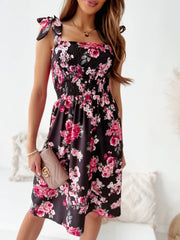 Floral Smocked Bodice Tie Shoulder Summer Dress OutfitFlow