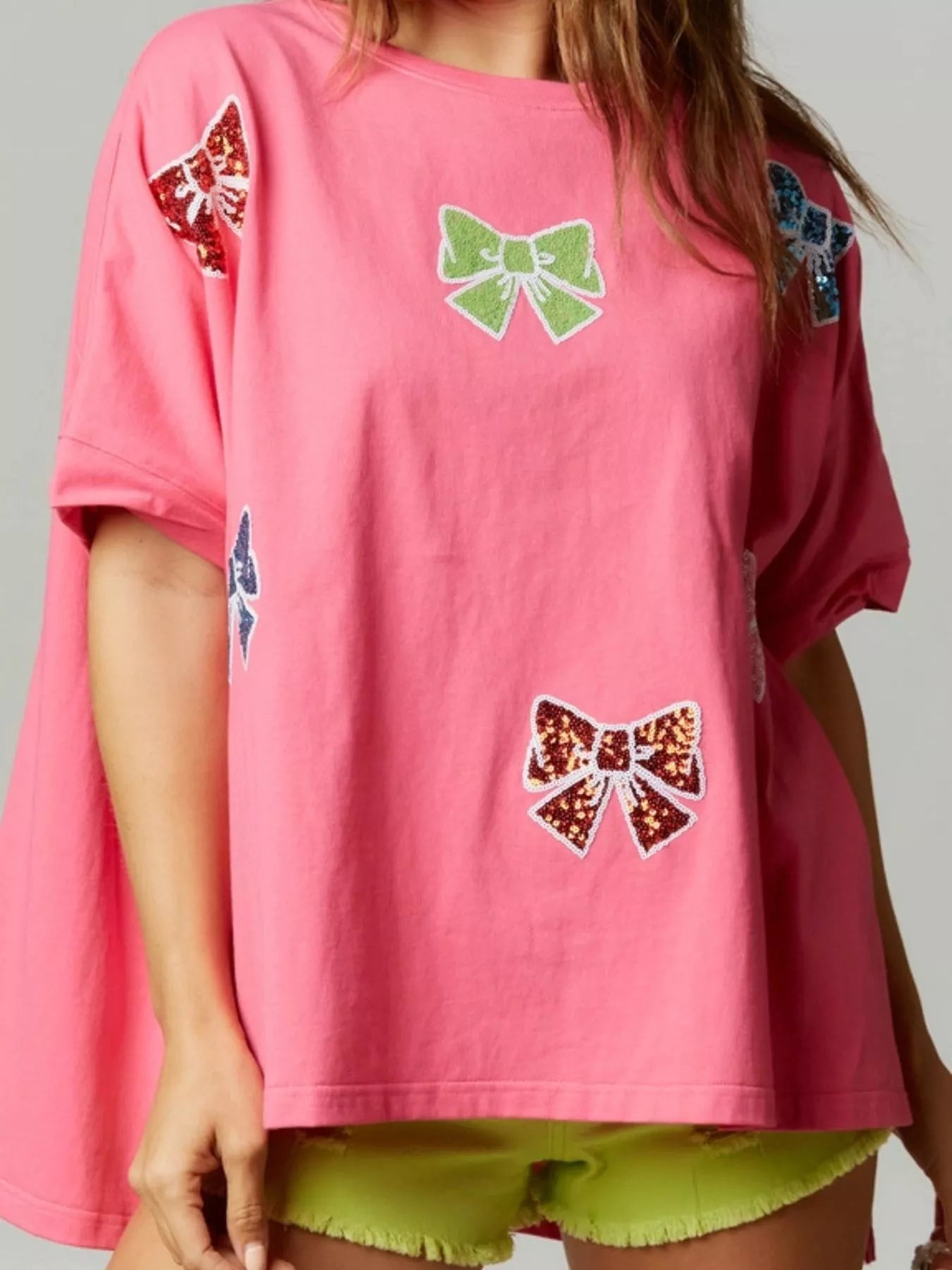 Sequin Bow Round Neck T-Shirt Pink OutfitFlow
