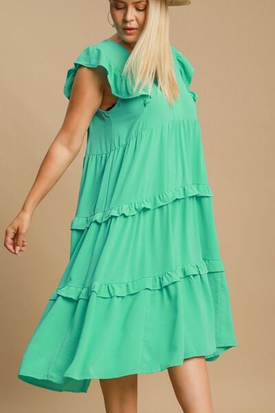 Umgee Full Size Ruffle Tiered Cap Sleeve Midi Dress Plus Size OutfitFlow
