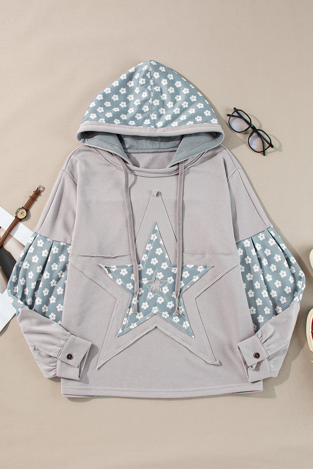 Outfit Flow - Floral Patchwork Star Pattern Drawstring Hoodie