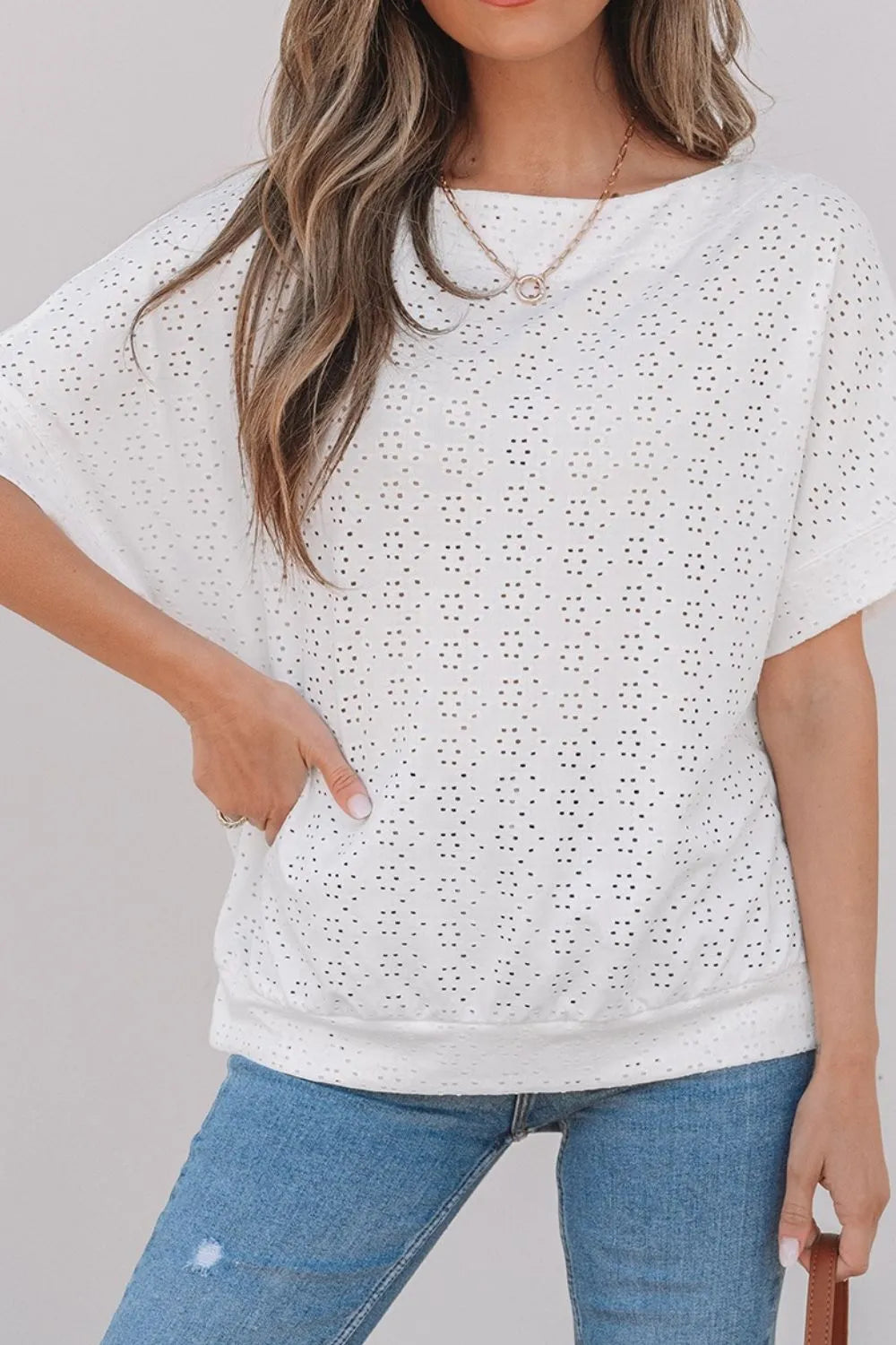 Eyelet Pattern Boat Neck Casual Tee OutfitFlow