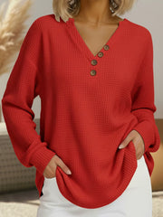 Full Size Casual Waffle Knit V-Neck Long Sleeve T-Shirt Plus Size Red OutfitFlow