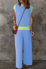 Outfit Flow - Contrast Round Neck Top and Pants Set