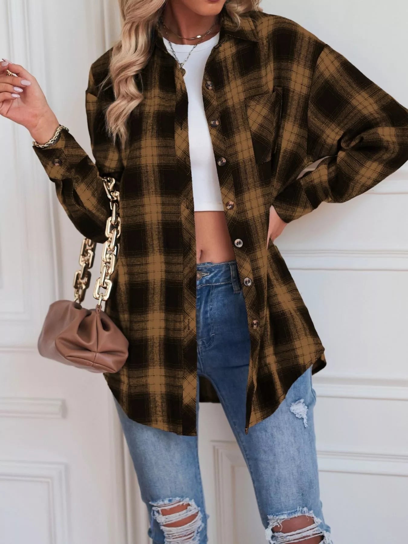 Casual Plaid Button Up Shirt Khaki Trendsi