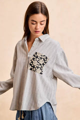 BiBi Flower Jacquard Knit Patch Pocket Stripe Shirt OutfitFlow