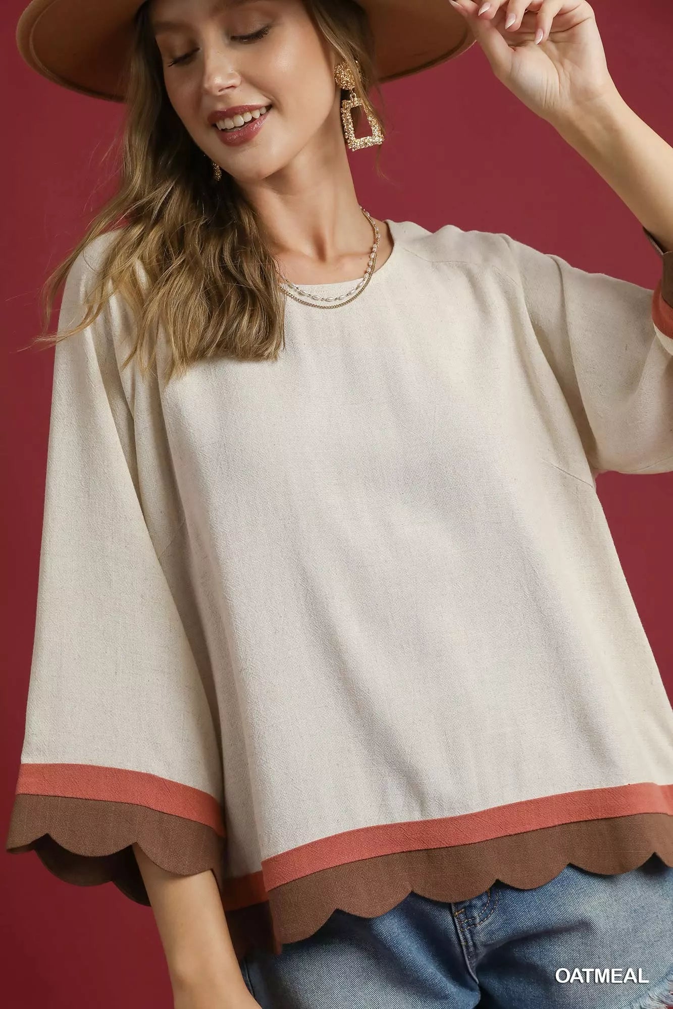 Umgee Scalloped Hem Color Block Top OutfitFlow