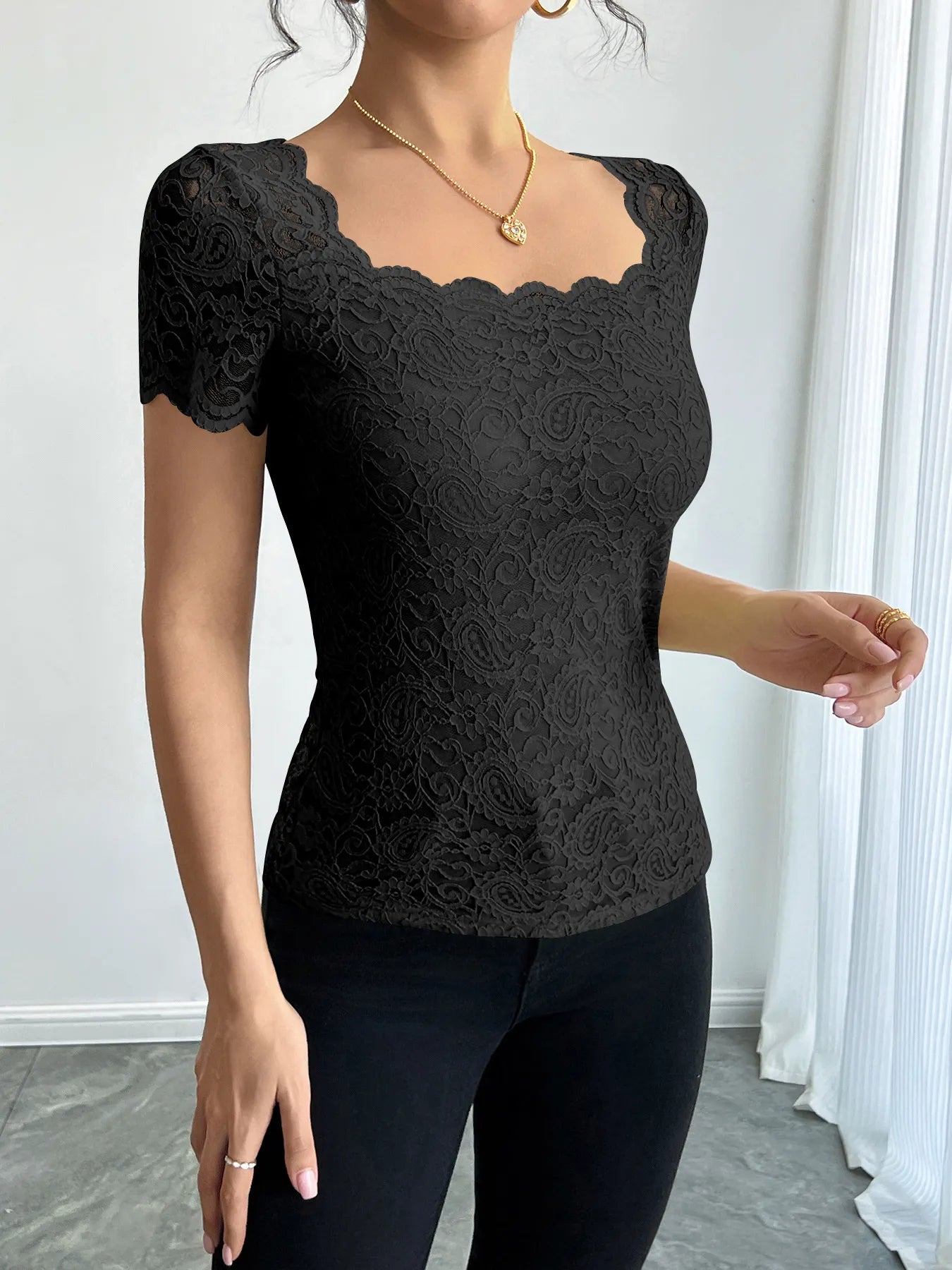 Floral Lace Square Neck T-Shirt OutfitFlow
