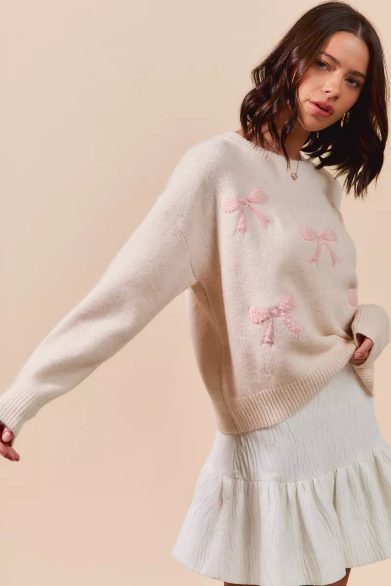 SO ME Embroidered Ribbon Round Neck Sweater OutfitFlow