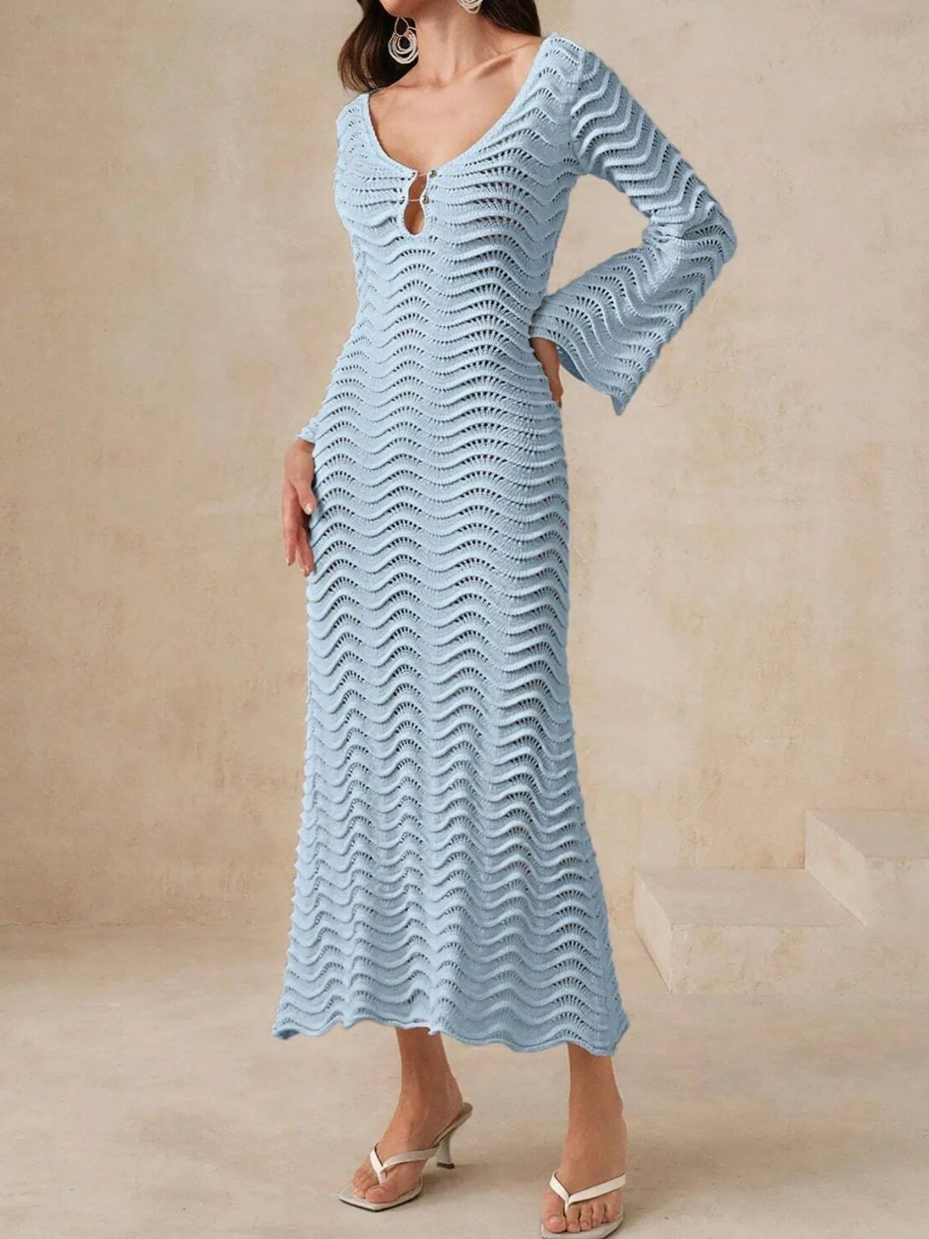 Wave Openwork Crochet Maxi Knit Dress OutfitFlow