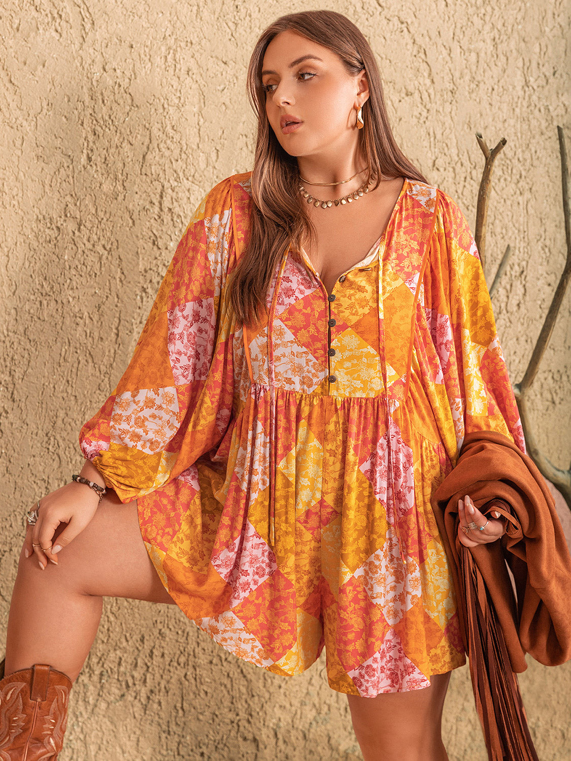 Outfit Flow - Plus Size Floral Tie Neck Balloon Sleeve Romper