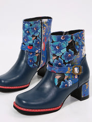 Outfit Flow - PU Leather Flower Block Heel Boots