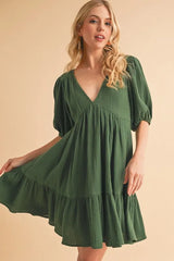 Tied Back Ruffled Short Sleeve Mini Dress EMERALD OutfitFlow