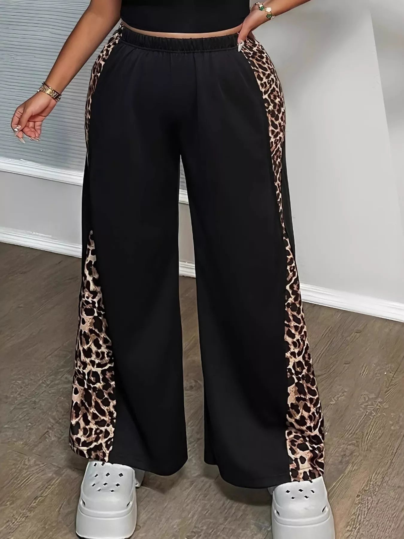 Plus Size Leopard Print Wide Leg Pants OutfitFlow