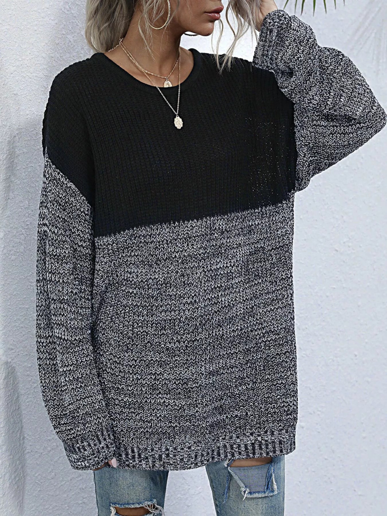 Color Block Long Sleeve Oversized Sweater OutfitFlow
