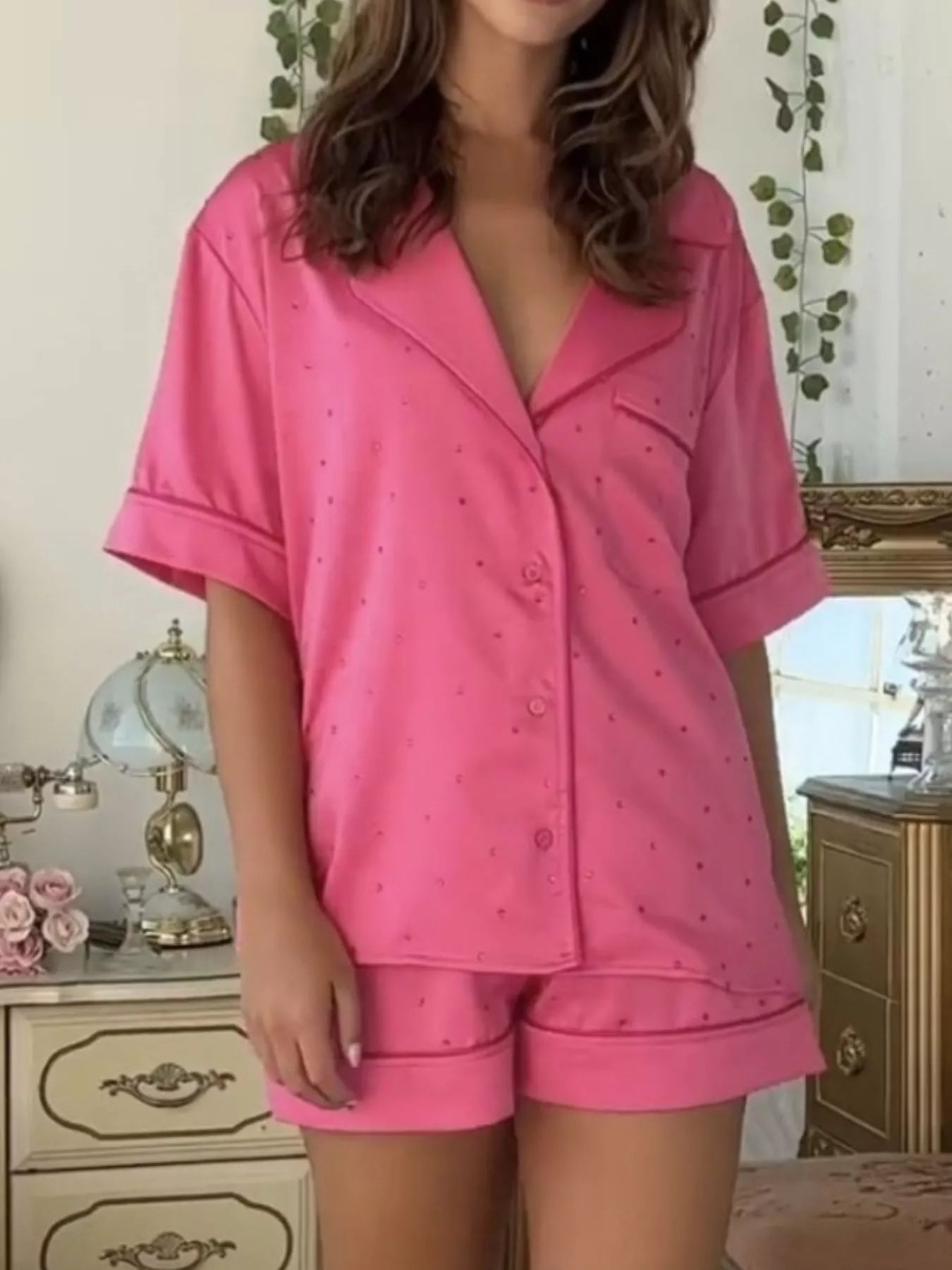 Button Up Half Sleeve Shirt and Shorts Lounge Set Dark Powder OutfitFlow